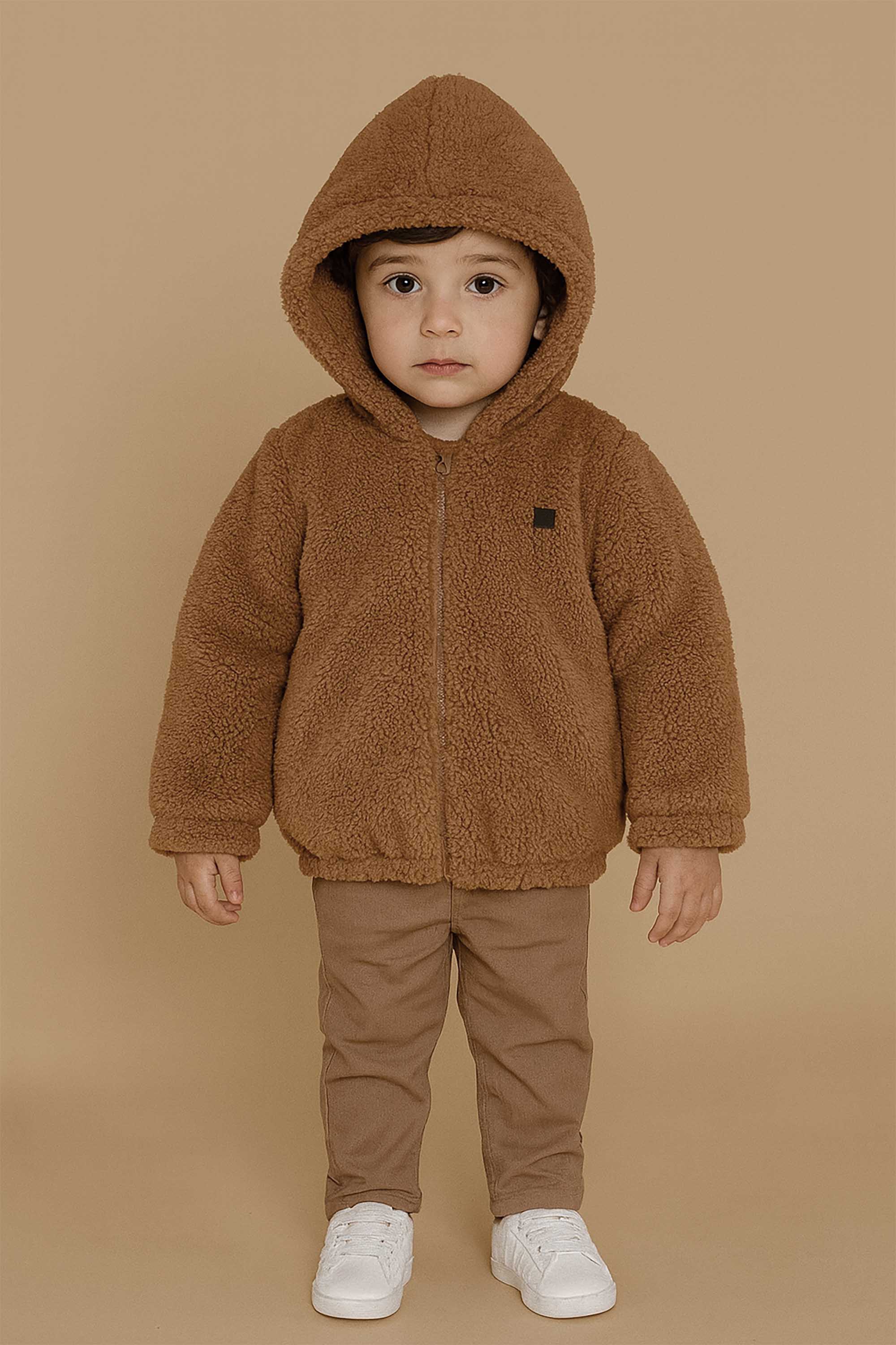 Jaqueta Infantil Masculina em Pelo Sintético Marrom Farelo